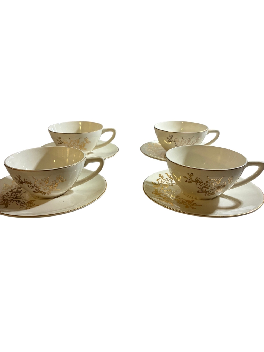 Knowles Cream and Gold Floral Porcelain Tea Cups with Saucers - Set of 4